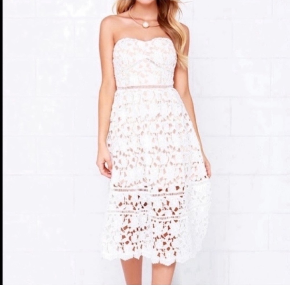 Lulu’s Pinnacle of Prestige Ivory Lace Strapless Midi Dress Small